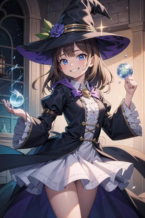 (masterpiece),  fantasy,  1girl,  dress,  frills,  witch hat,  grin,  (magic:1.2),  glowing,  light particles