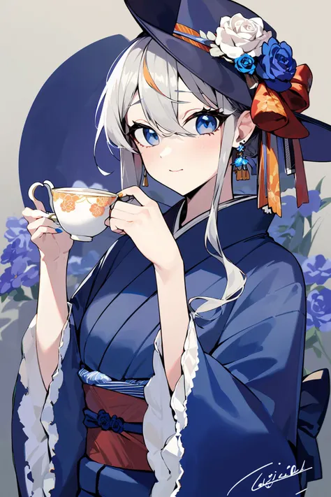 (masterpiece:1.2),best quality,PIXIV,Sweet girl portrait,
1girl,solo,japanese clothes,kimono,flower,cup,hair ornament,teacup,sash,holding,obi,hair flower,hat,earrings,blue kimono,teapot,jewelry,blue eyes,upper body,bangs,long hair,rose,nail polish,tea,blue...