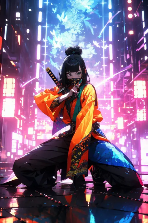 (masterpiece:1.2), best quality,cg,3d, Samurai girl,
weapon, sword, solo, holding, black hair, holding weapon, bangs, bug, blunt bangs, holding sword, butterfly, mask, 1girl, long sleeves, single hair bun, hair bun, glowing, reflective floor, katana, indoo...