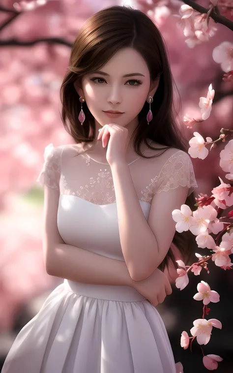 masterpiece,extremely detailed CG unity 8k wallpaper,1girl, beautiful, realistic, blurry, blurry_background, blurry_foreground, branch, brown_hair, plum blossom, depth_of_field, earrings, flower, jewelry, nose, realistic, solo,dress,fingers hidden, arms hi...