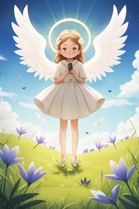 a girl with angel wings standing in a field of flowers