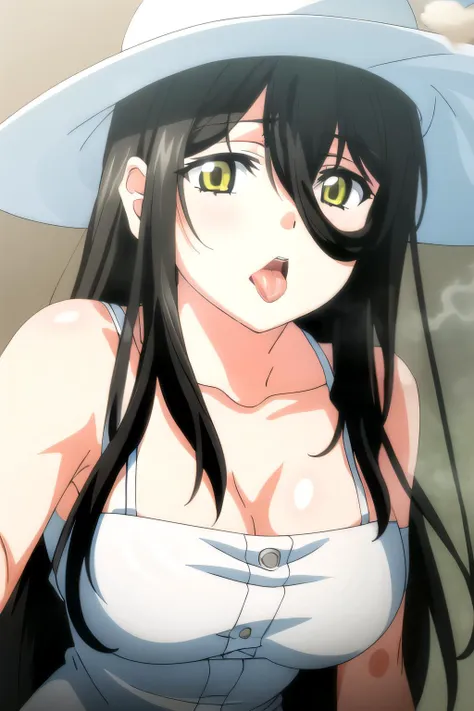 anime girl with big breast wearing a white hat and blue dress