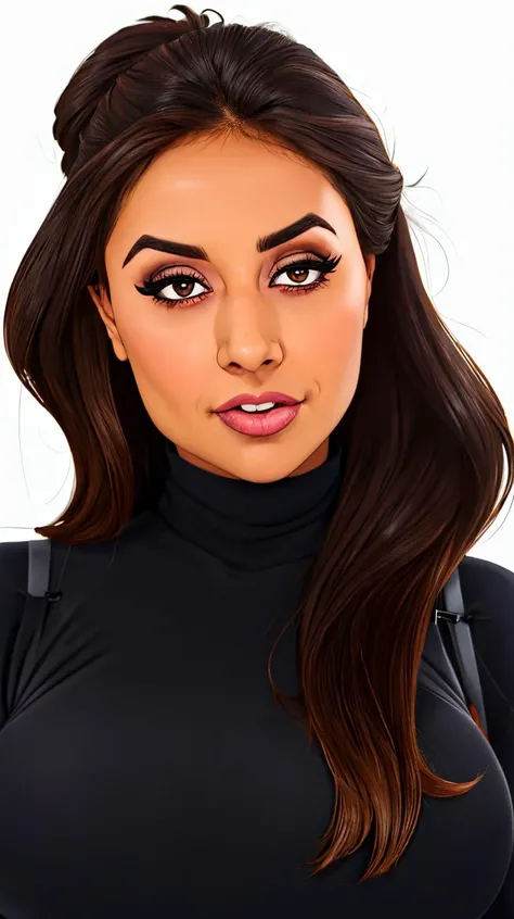 <lora:J7nxM4z3:1> as cartoon character, sfw, dressed, updo hair, black top, turtleneck, covered shoulders,  brown eyes, curvy, upper body, intricate, sharp focus, soft lighting, vibrant colors, masterpiece, (frontal), detailed eyes, advertising studio ligh...