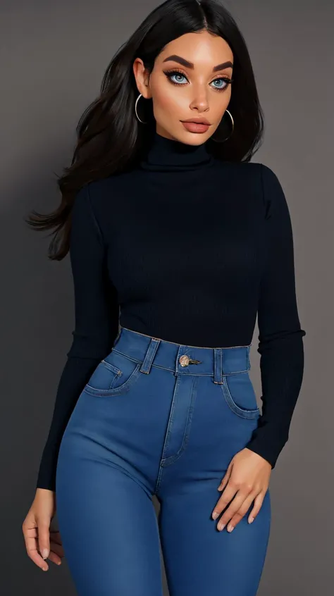 <lora:1v1L3b3ll3:0.7>, perfect face, detailed face, eyes looking at viewer, (black turtleneck, blue denim jeans), hair behind ears, beautiful perfect body, highres, masterpiece, simple background, clean background, grey background, <lora:p3r3zstyle_v2:0.25...