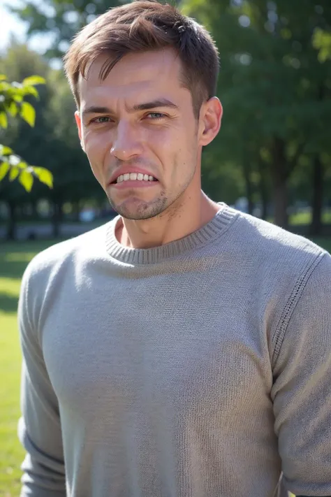 close-up shot of russian man wearing jumper standing in park, inverted mouth, natural lighting, detailed skin
<lora:inverted_mouth:1>