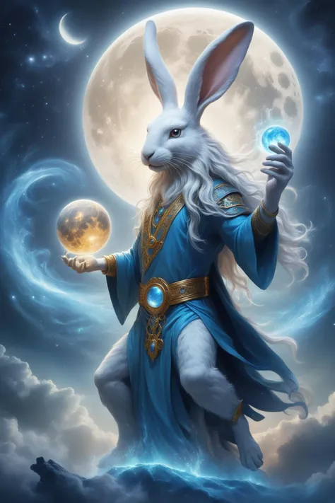 awesome quality, dynamic, moon rabbit, Mythical lunar creature,  pounding an elixir of life, immortality and longevity,  gentle and serene, connection to lunar deities,  symbol of selflessness and sacrifice, creative  <lora:DonMM1xXL-v1.1:.6>