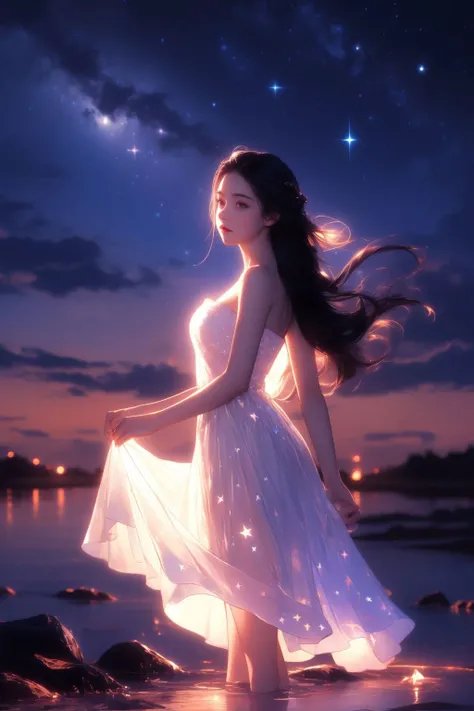 xcdd,1girl,solo,dress,wading,star (symbol),long hair,skirt hold,water,white dress,bare shoulders,sky,night,glowing,standing,profile,bare arms,sparkle,strapless,braid,star (sky),strapless dress,looking at viewer,outdoors,night sky,<lora:xcdd:0.7>,star (symb...