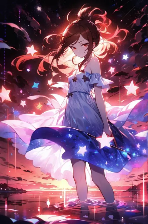 <lora:xcdd:1> xcdd, dress, wading, star, water, sky, night, glowing, sparkle, star, night sky, backlighting, light particles, floating hair, absurdres, ultra detailed, masterpiece, best quality, aesthetic, detailed,, solo, frown,
1girl, red eyes, <lora:Tsu...