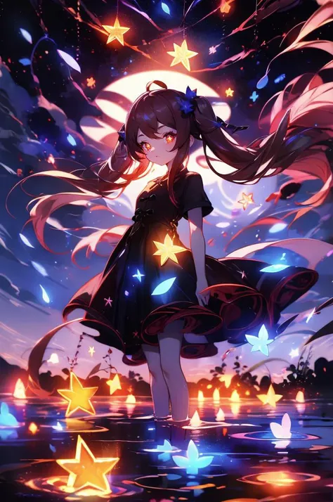 <lora:xcdd:1> xcdd, dress, wading, star, water, sky, night, glowing, sparkle, star, night sky, backlighting, light particles, floating hair,   <lora:Hu_Tao_Genshin:0.75> Hu_Tao_Genshin, 1girl, solo, long hair, red eyes, brown eyes, flower-shaped pupils, tw...