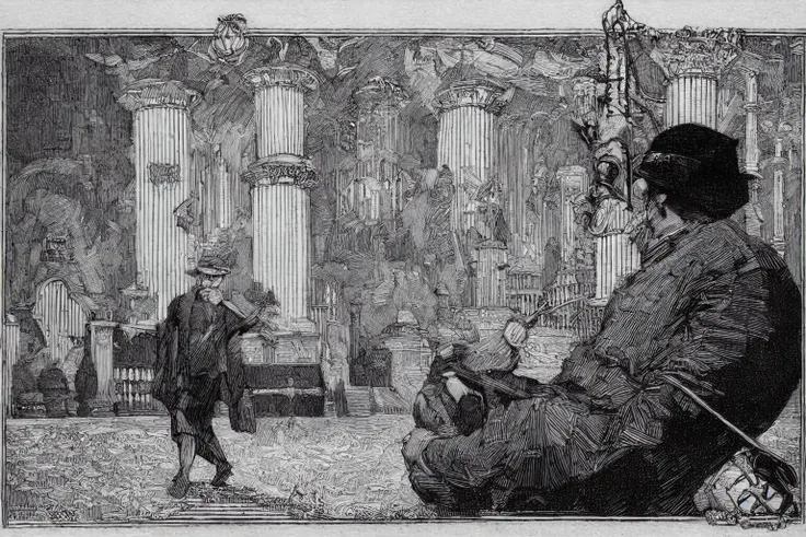 illustration of a man and a woman in a room with columns