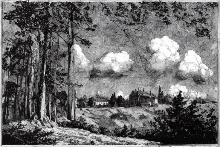 a drawing of a view of a town in the distance with trees