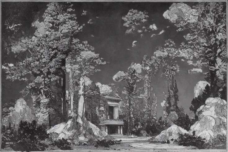 a black and white drawing of a house in the woods