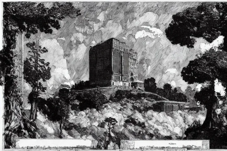 a drawing of a castle on a hill with a man standing in front of it