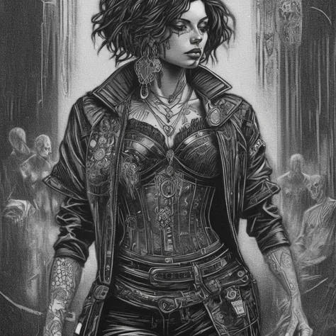 a drawing of a woman in a leather jacket and leather pants