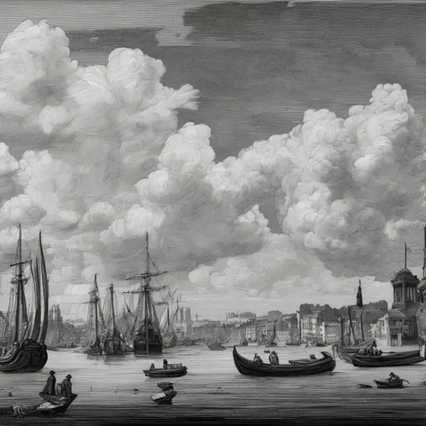 <lora:franklinbooth_xl-000005:1>in the style of franklinbooth, many boats waiting to dock, 17th century, dark ink, high detail, clouds, buildings,