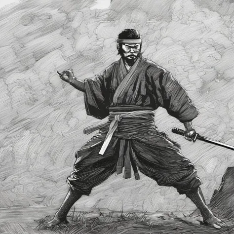 a drawing of a man in a samurai outfit holding two swords