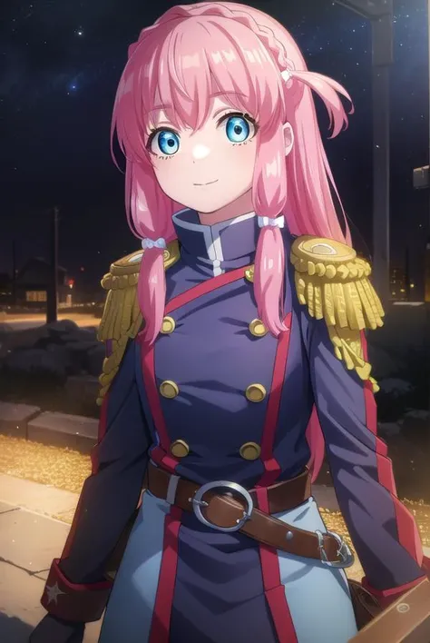 neiookawamura, <lora:nei ookawamura s1-lora-nochekaiser:1>,
nei ookawamura, long hair, blue eyes, hair ornament, pink hair, braid, smile,
BREAK gloves, boots, belt, skirt, uniform, military, military uniform, epaulettes,
BREAK outdoors, space, starry sky, ...