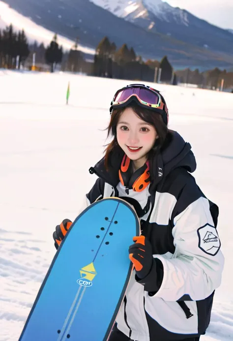 winter sports enthusiast, ski gear, goggles on forehead, snowy mountain backdrop, holding snowboard, rosy cheeks, exhilarated sm...