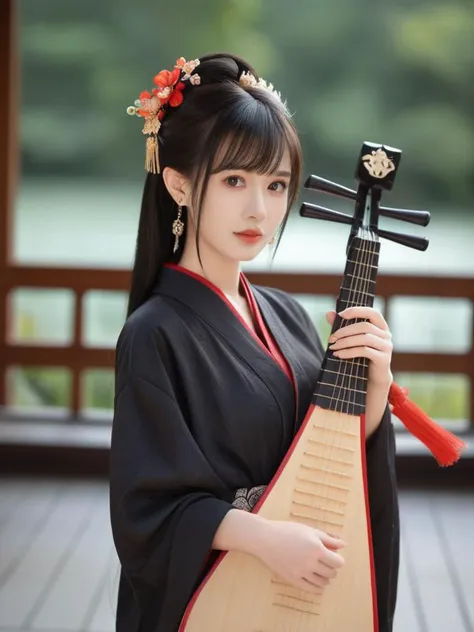 A woman in a black kimono with red accents,holding instrument, She has long dark hair adorned with flowers and earrings, looking at the viewer from an indoor setting with blurred background elements like furniture and decor.