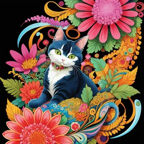 masterpiece, top quality, best quality, official art, beautiful and aesthetic, a wave scene and big weed buds around cat,(cat catcore:1.3), extremely detailed, fractal art, colorful flowers, highest detailed, zentangle, dynamic pose, abstract background, m...