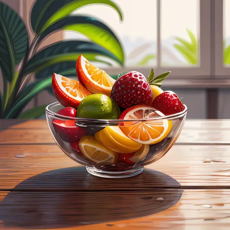 4k, lots of delicious tropical fruits with drops of moisture on table, a lot of details, abstract dream, space, intricate, grand scale, alone, cinematic film still, insane detail, sharp focus, depth of field, realistic lighting, (realistic perspective), co...