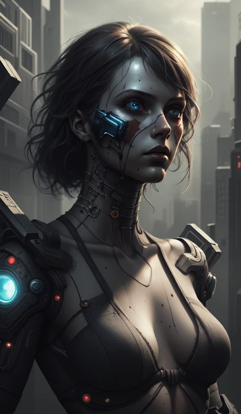 portrait of a young beautiful woman, eyelense, cyberpunk, high detail, dramatic light, digital art, dark, painted by seb mckinnon and greg rutkowski, trending on artstation