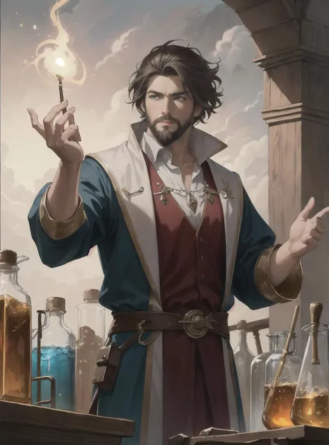 a handsome bearded white male wizard with brown hair he is casting a spell emanating from his hands, he is in a alchemist workshop filled with beakers and equipment, neutral hand pose, sharp focus, waist up, 4 k, by greg rutkowski, rudy siswanto and anna p...