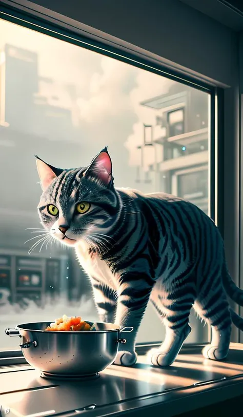 close-up photography of (grey tabby cat:1.2), cooking fish, (c4ttitude:1.3), in glasstech kitchen, hyper realistic, intricate detail, (foggy:1.1), <lora:GlassTech-20:0.8>, pov from below