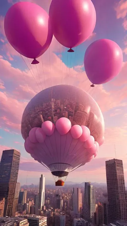 giant pink balloon,cities floating on balloons,magnificent clouds,pink theme,