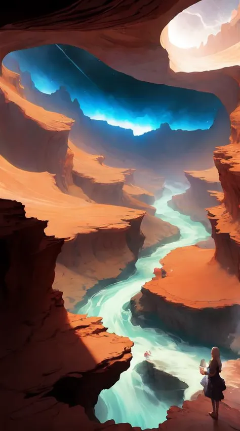 Celestial majestic luxurios futuristic other worldly realm with Singaporean royal gold lush volcano, set on Antelope Canyon with white thermal waters flowing down pink travertine terraces, relaxing, ethereal and dreamy, during the thunderstorms and multive...