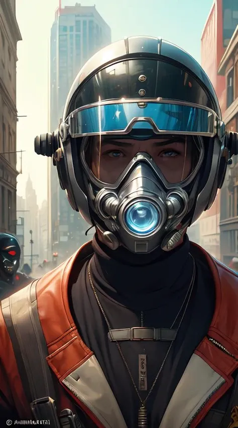 vibrant portrait of masked cyberpunk hero with large aviator goggles with an oxygen tank on the art deco streets of the big city, award-winning realistic sci-fi concept art by Jim Burns and Greg Rutkowski, Picasso, Beksinski, masterpiece, complimentary col...