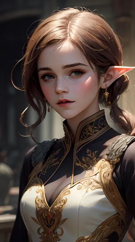 a movie still frame, of emma watson as a female elf, oil on linen, beautiful painting, by tooth wu, artgerm, fantasy concept art portrait, by bayard wu,