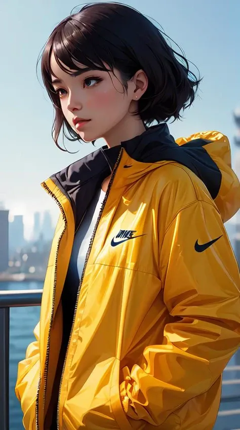 A ultradetailed beautiful panting of a stylish girl wearing an oversized Nike jacket, Oil painting, by Ilya Kuvshinov, Greg Rutkowski and Makoto Shinkai