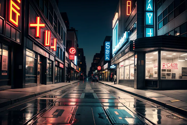 arafed view of a city street with a wet sidewalk and neon signs