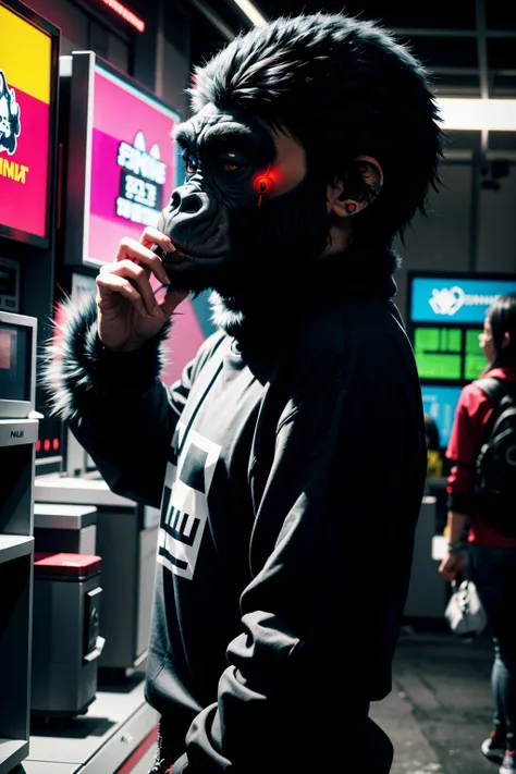 araffe in a gorilla mask is standing in front of a vending machine