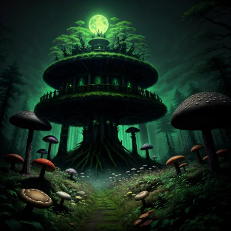 a green tree house surrounded by mushrooms in the forest