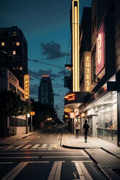 people walking down a street at night in a city