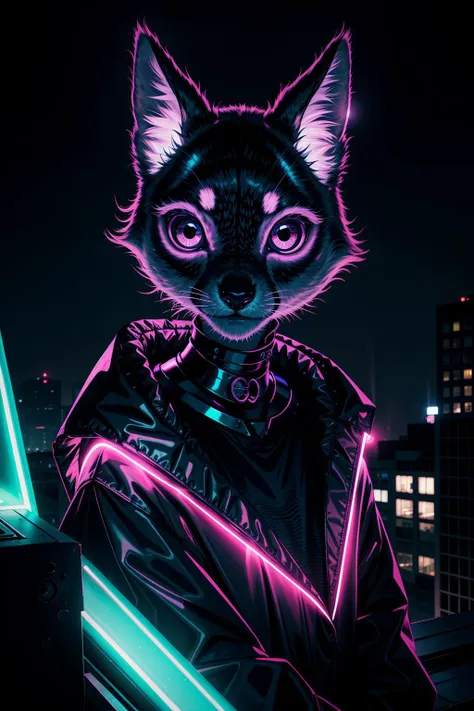 a close up of a cat wearing a neon outfit on a rooftop