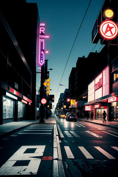 there is a street with a neon sign and a traffic light