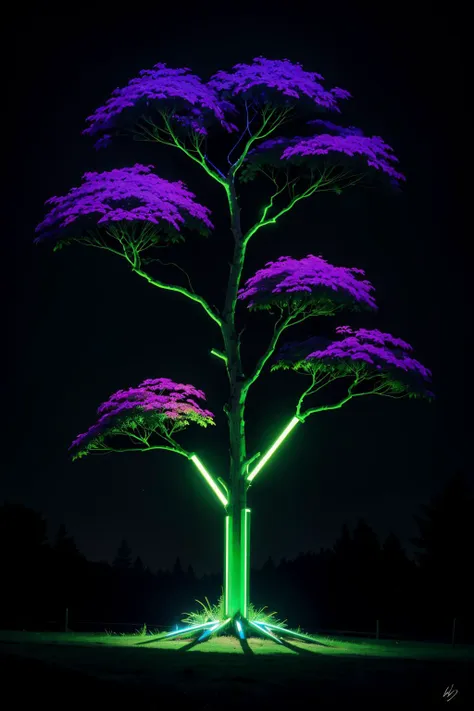 a tree with purple leaves lit up at night in the dark