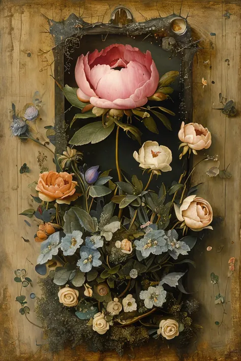 masterpiece,best quality,<lora:tbh189-:1>,style of  Hieronymus Bosch, decaying peonies