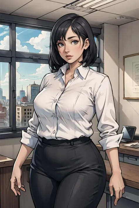 a woman in a white shirt and black pants standing in an office