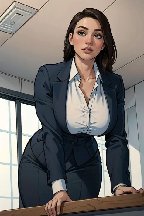 a close up of a woman in a suit standing on a desk