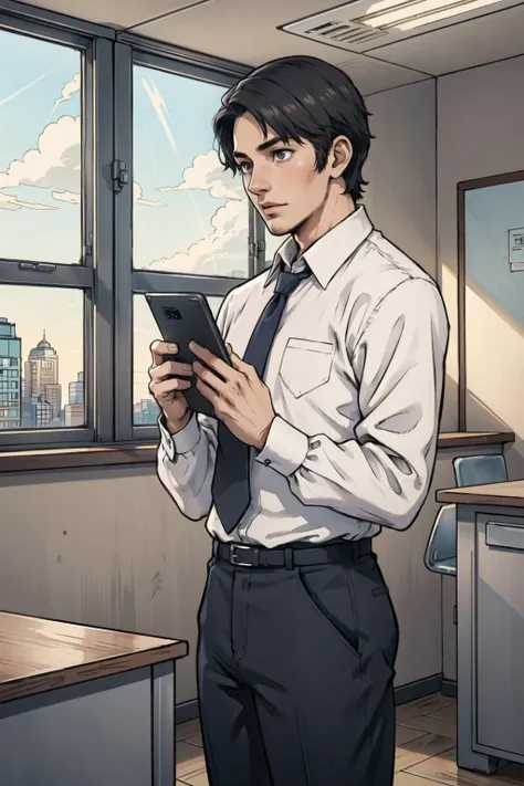 anime man in a white shirt and tie holding a tablet