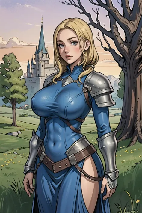 a woman in armor standing in front of a castle