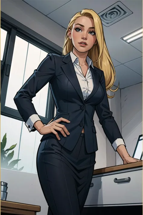 a woman in a suit standing in an office with a desk