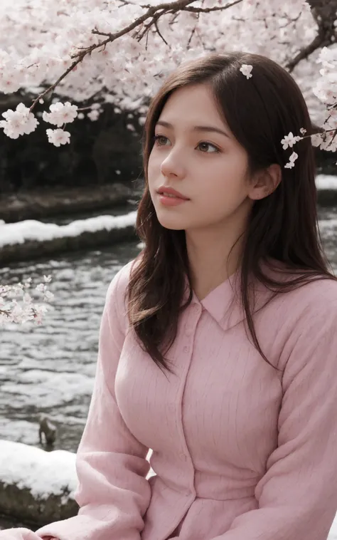 Relaxing Under a Cherry Blossom Tree: Envision a serene scene under a cherry blossom tree in full bloom, with petals gently falling like a soft pink snow, creating a carpet of flowers on a tranquil lakeshore. (cinematic still of attractive young woman:1.3)