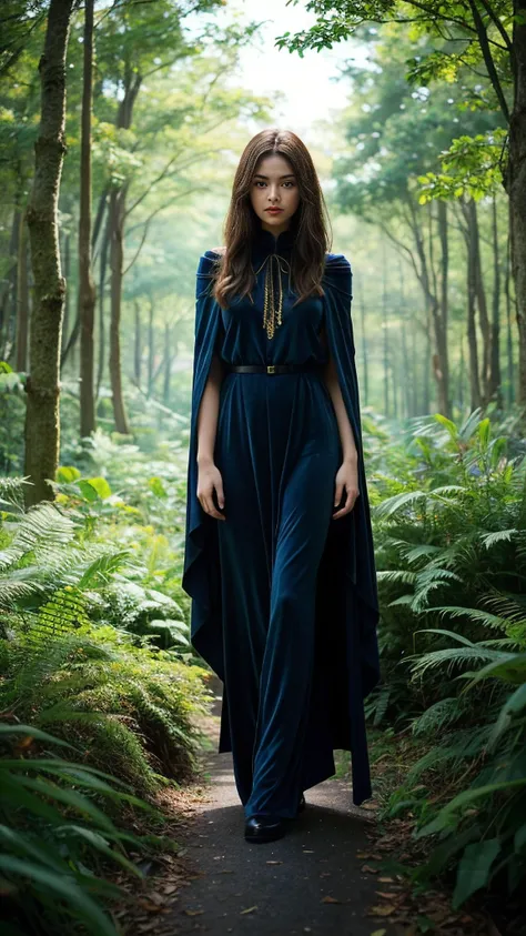 A woman in a mystical forest, cloaked in a velvet cape, surrounded by ethereal lights and ancient trees, embodying the enchanting beauty of fantasy, mystery, and the magical realms of imagination.