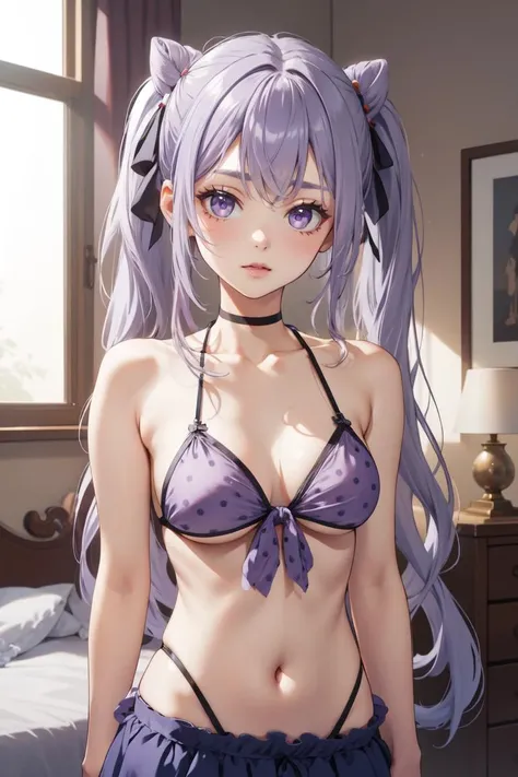 (masterpiece, best quality, beautiful and aesthetic:1.3), upper body, closeup portrait, looking at viewer, 1girl, solo, (keqingdef, light purple hair, purple eyes, cone buns, very long hair, twintails), <lora:genshinfull1-000006:0.6>, ruanyi0251, polka dot...