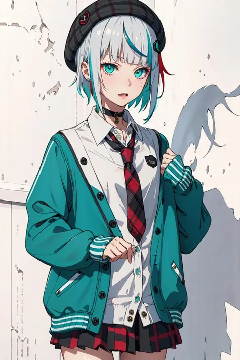 best quality, masterpiece, 1girl, solo, <lora:waccaLily-000100:0.9>, red gradient streaked hair, short hair, white hair, lily (wacca), black beret, plaid skirt, choker, cyan sweater jacket, collared shirt, black plaid necktie, sleeves past fingers, blunt ...